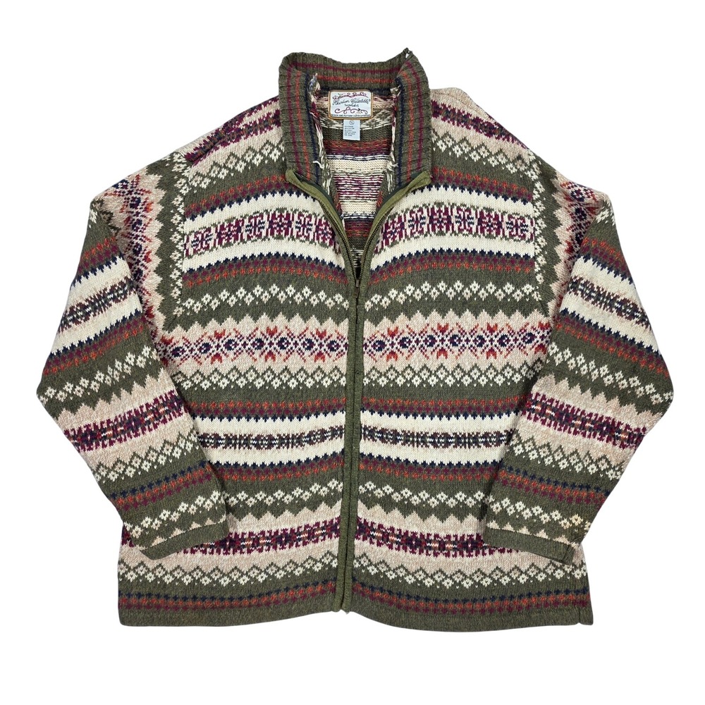 Heirloom Collectibles Women Green Fair Isle Full Zip Cardigan Sweater XL Ramie